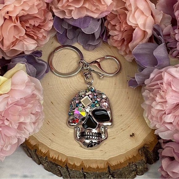 Multicolored Crystal & Silver Skull Keychain Charm - Picture 6 of 14